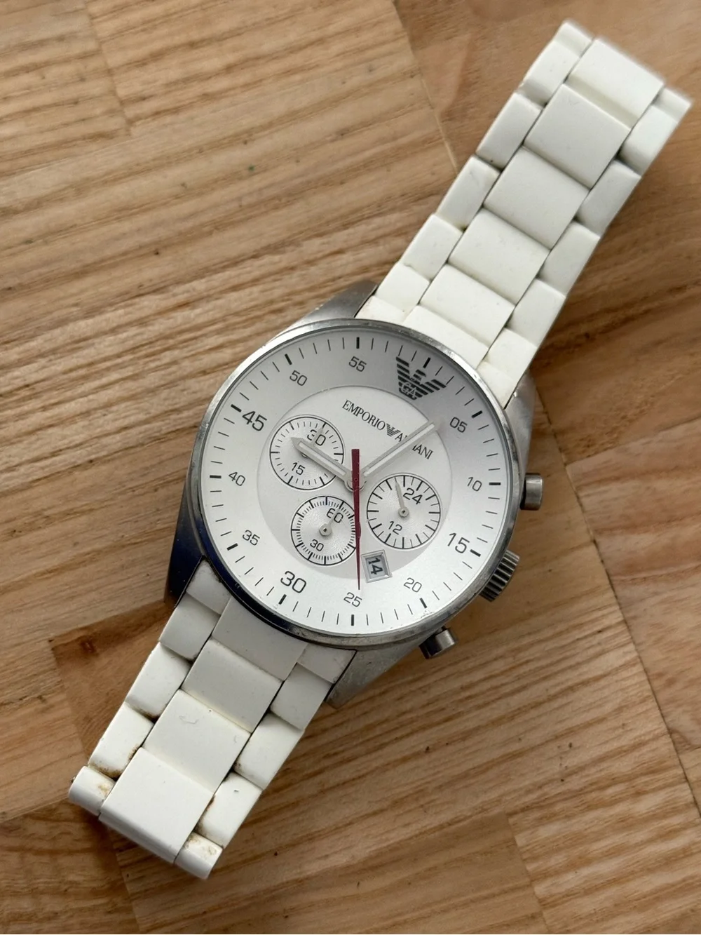 Emporio Armani Rare Chronograph Men’s Watch White Dial Silicone/Stainless Strap